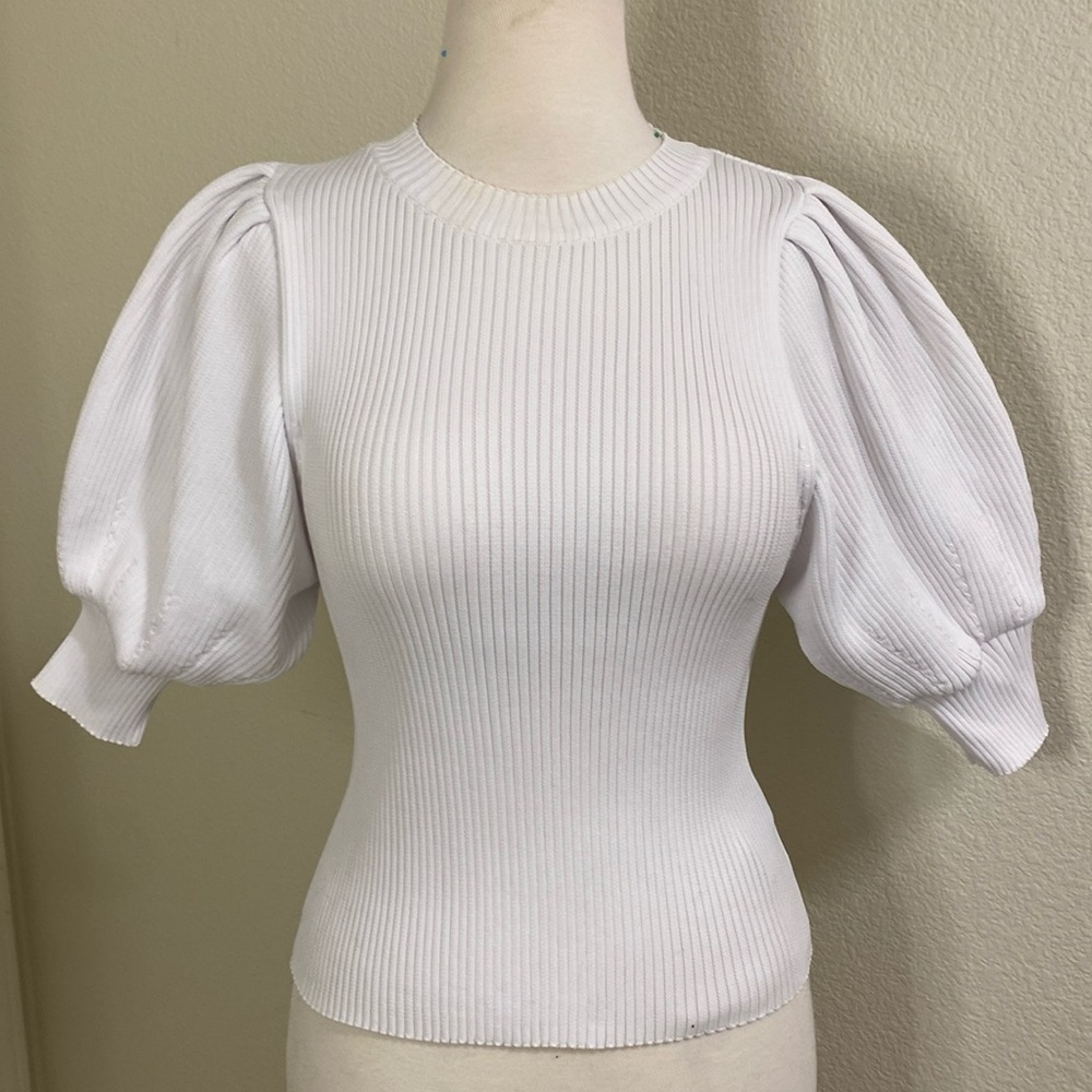 And Couture White Ribbed Puff Sweater